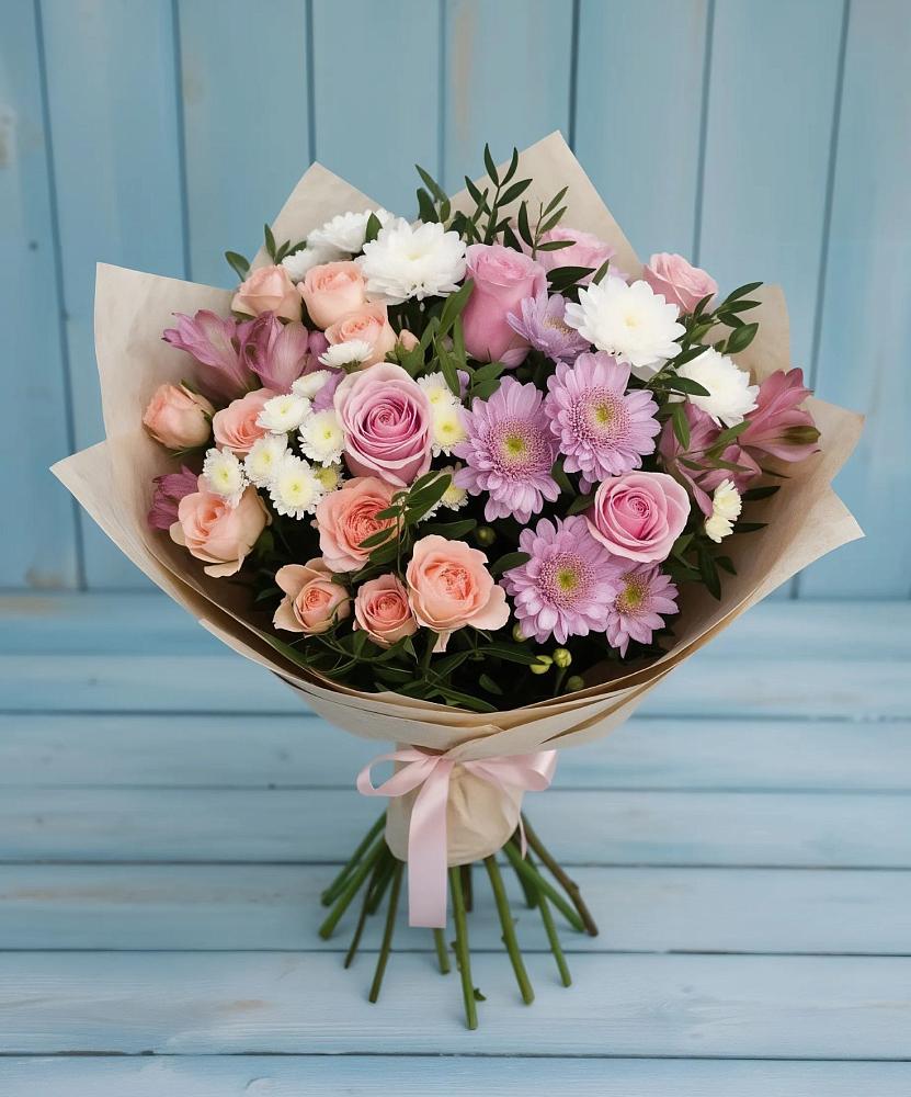 Букет цветов из: Хризантемы, Розы и Альстромерии в Зелёную Поляну