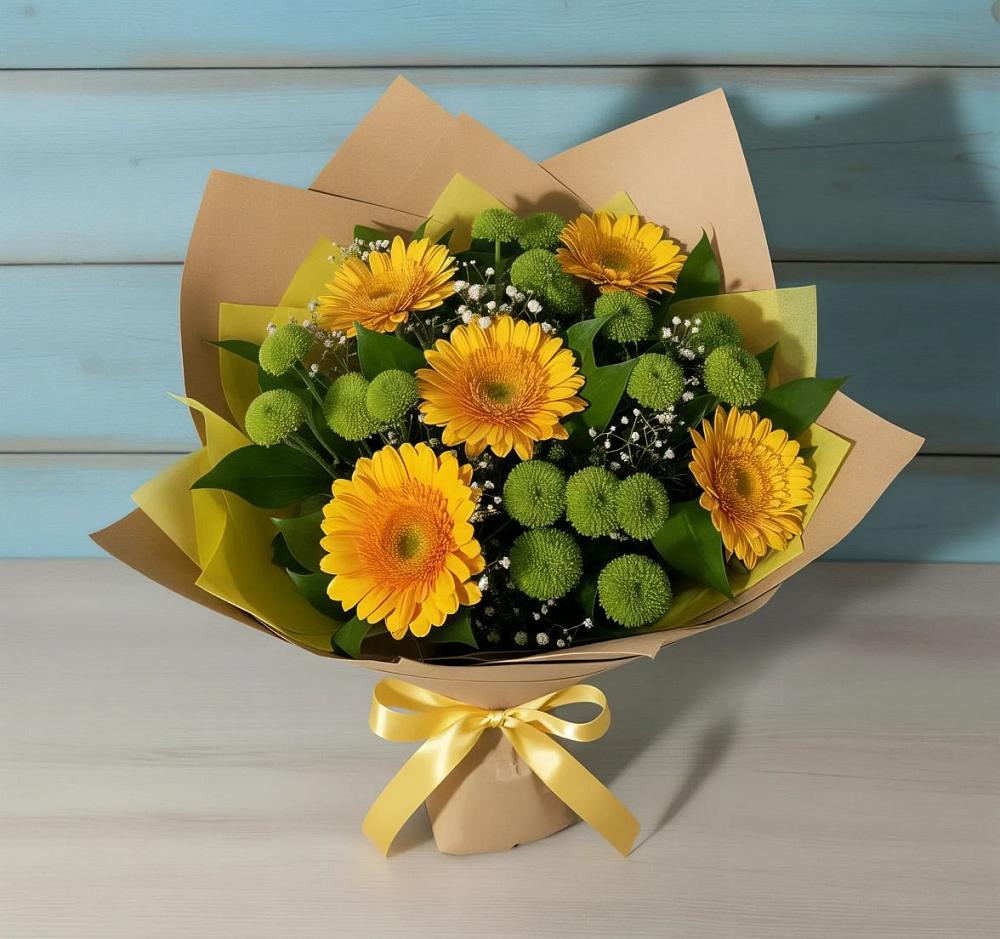 Букет цветов из: Герберы и Хризантемы в Зелёную Поляну