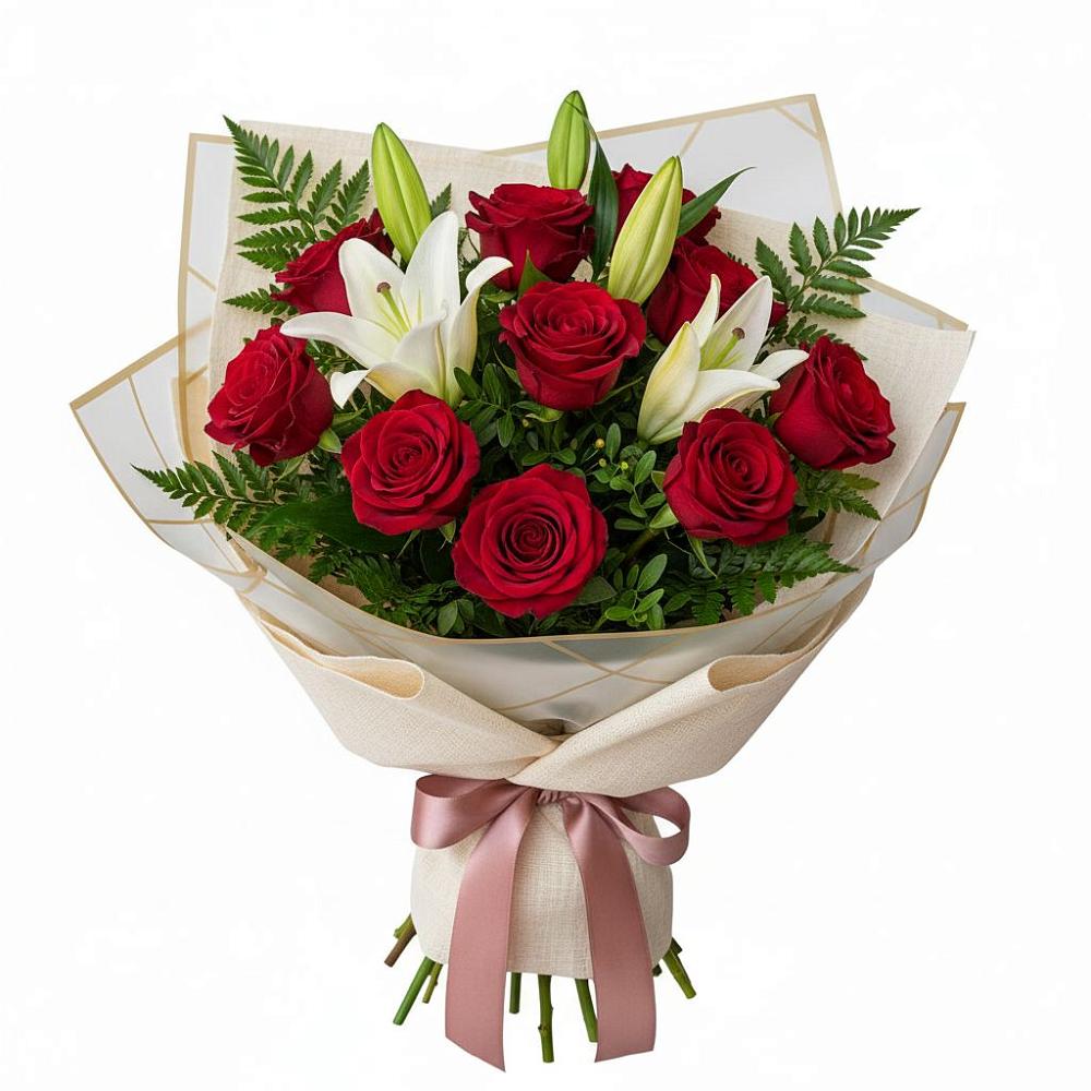 Букет цветов из: Лилии и Розы в Зелёную Поляну