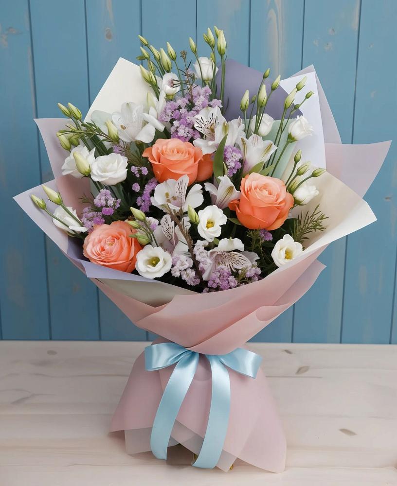 Букет цветов из: Лизиантусы, Розы, Альстромерии и Гипсофила в Зелёную Поляну