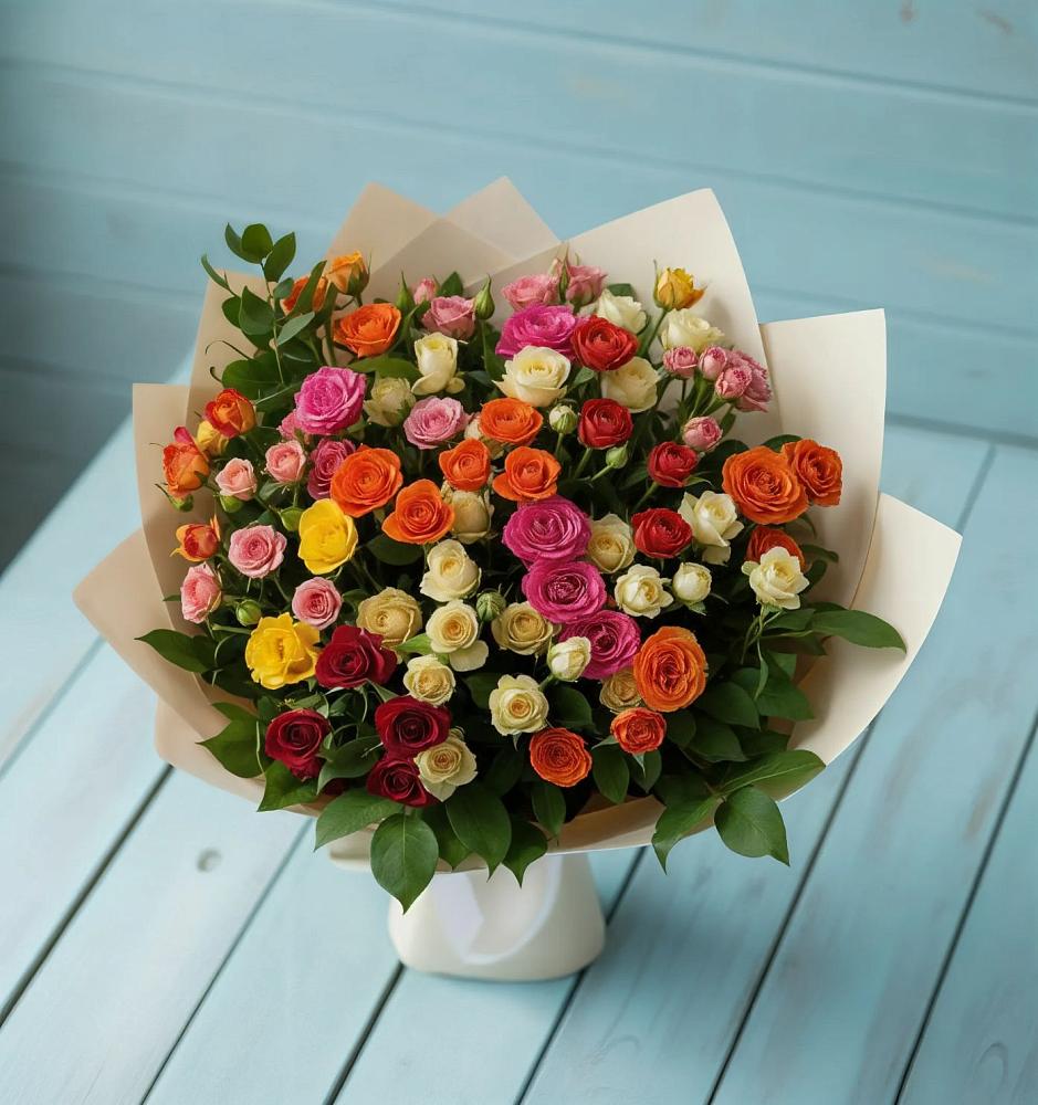 Букет Микс из разноцветных кустовых роз в Зелёную Поляну