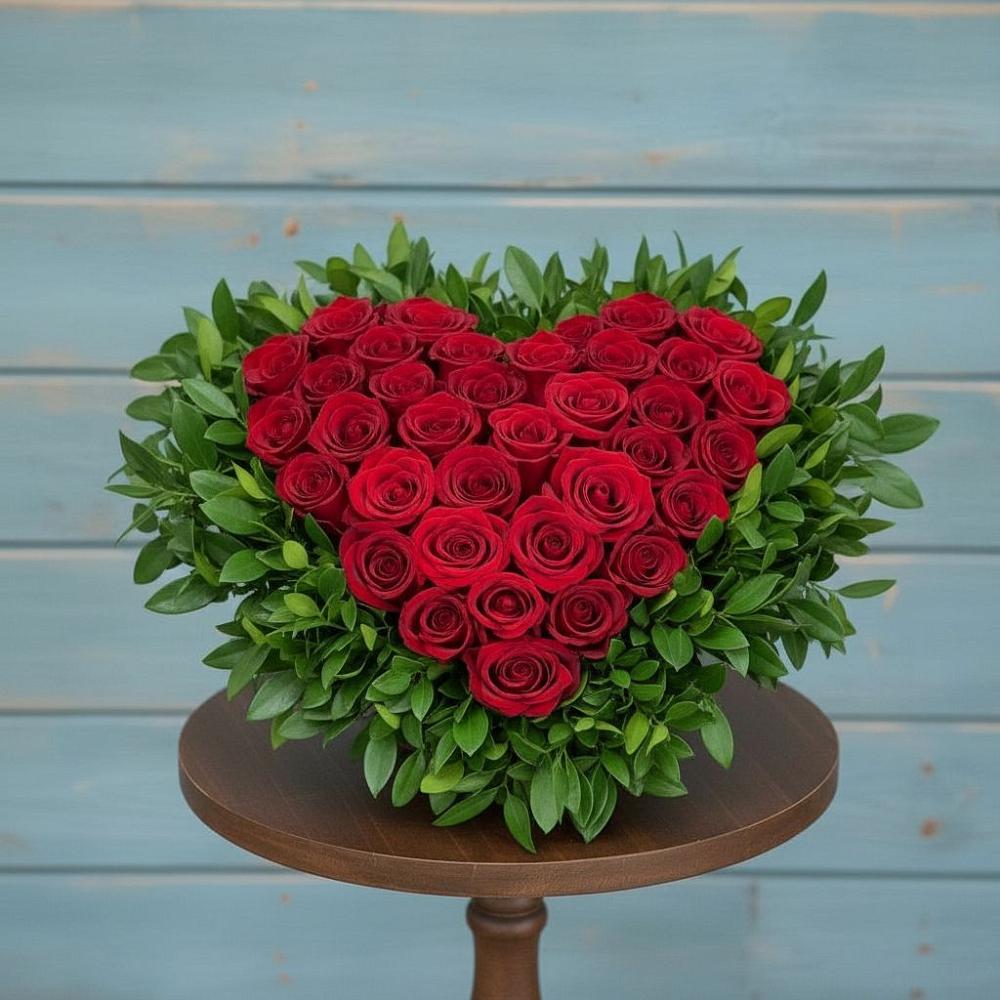 Цветочная композиция из Розы в виде сердца в Зелёную Поляну