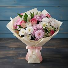 Букет цветов из:  Хризантемы, Альстромерии и Розы #REPLACE_PRED# Зелёную Поляну