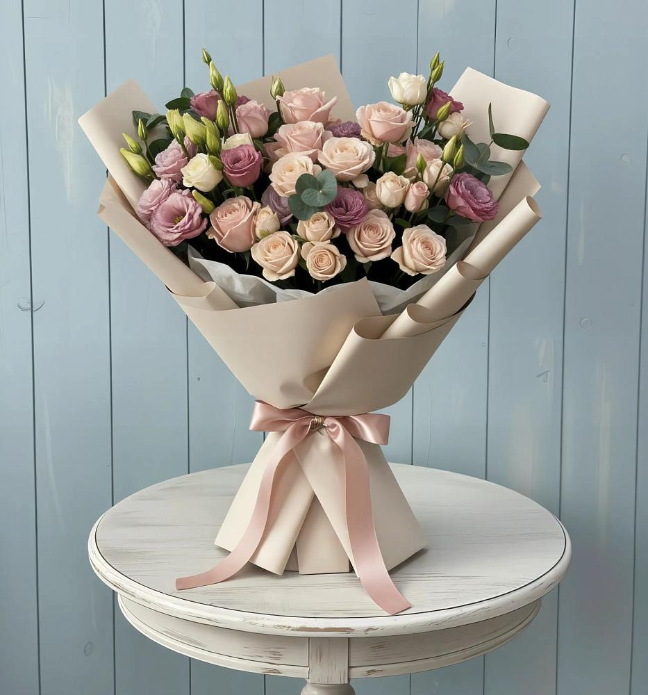 Букет цветов из: Розы и Лизиантусы в Зелёную Поляну