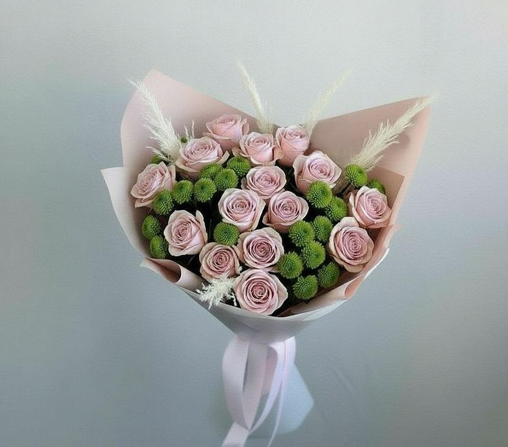 Букет цветов из: Розы и Хризантемы в Зелёную Поляну