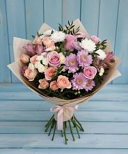 Букет цветов из:  Хризантемы, Розы и Альстромерии в Зелёную Поляну