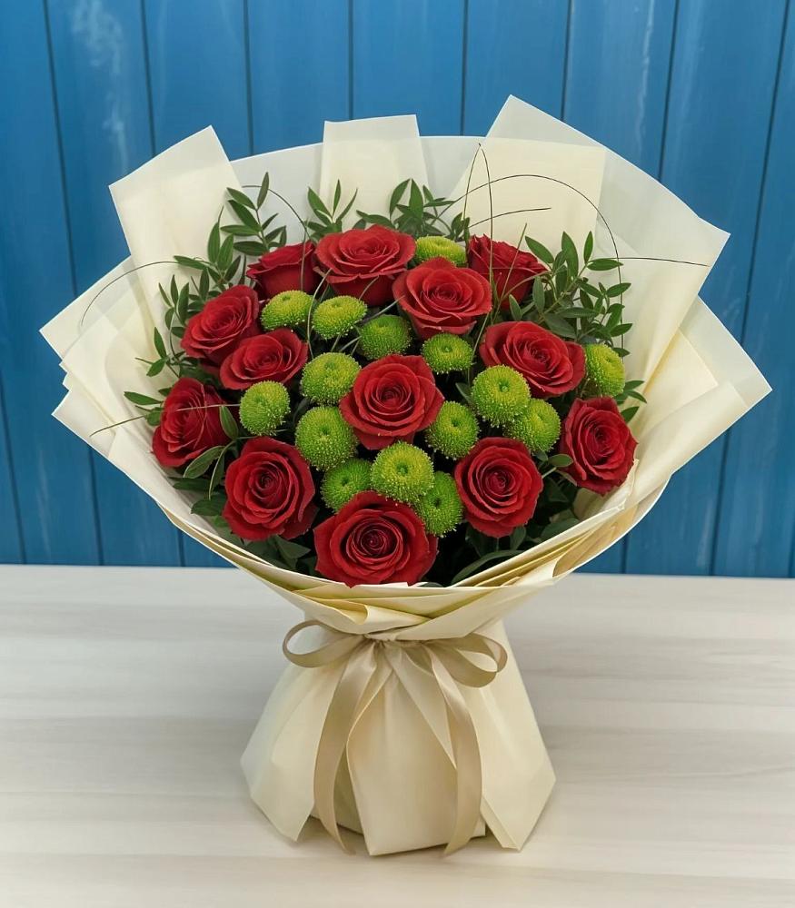 Букет цветов из: Розы и Хризантемы в Зелёную Поляну