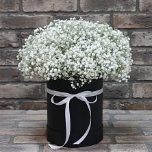 Цветочная композиция из Гипсофила в шляпной коробке в Зелёную Поляну