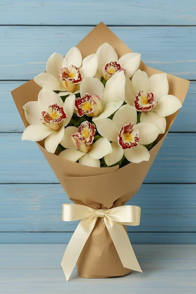 Букет цветов из: Орхидеи и Розы в Зелёную Поляну