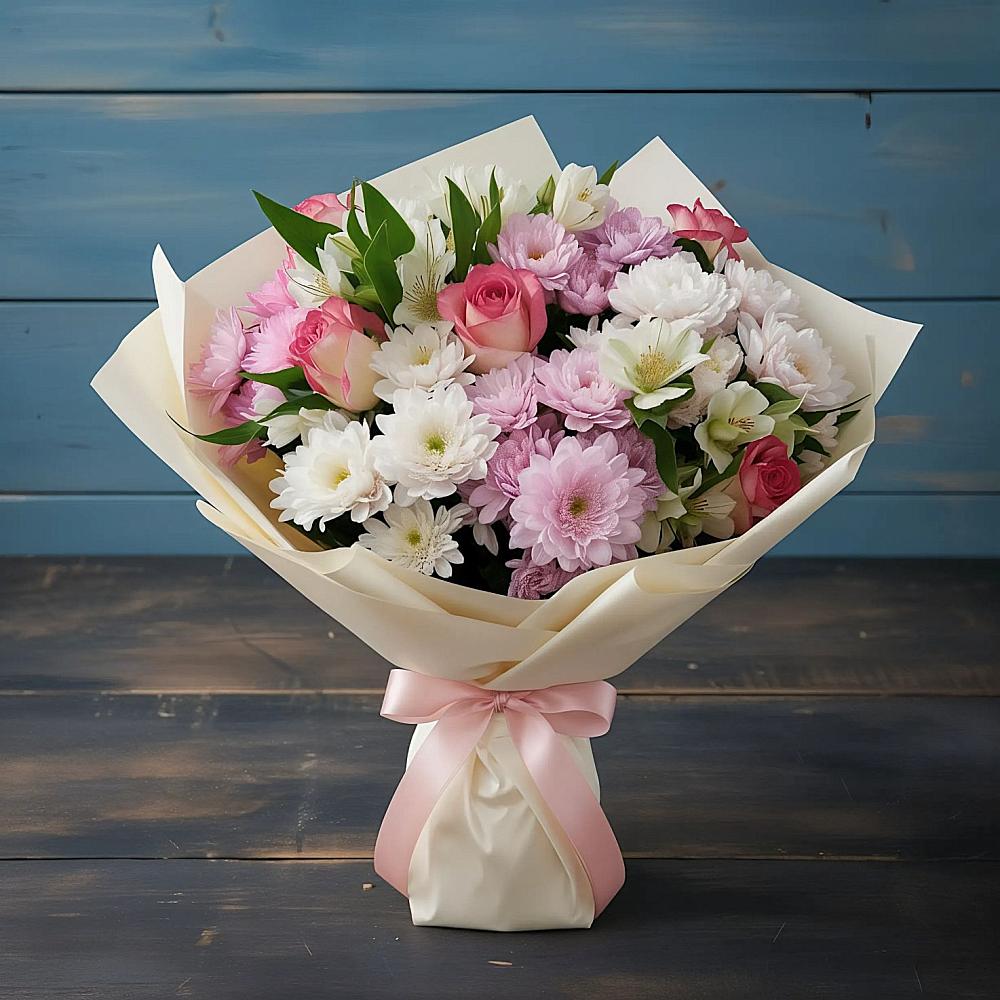 Букет цветов из: Хризантемы, Альстромерии и Розы в Зелёную Поляну